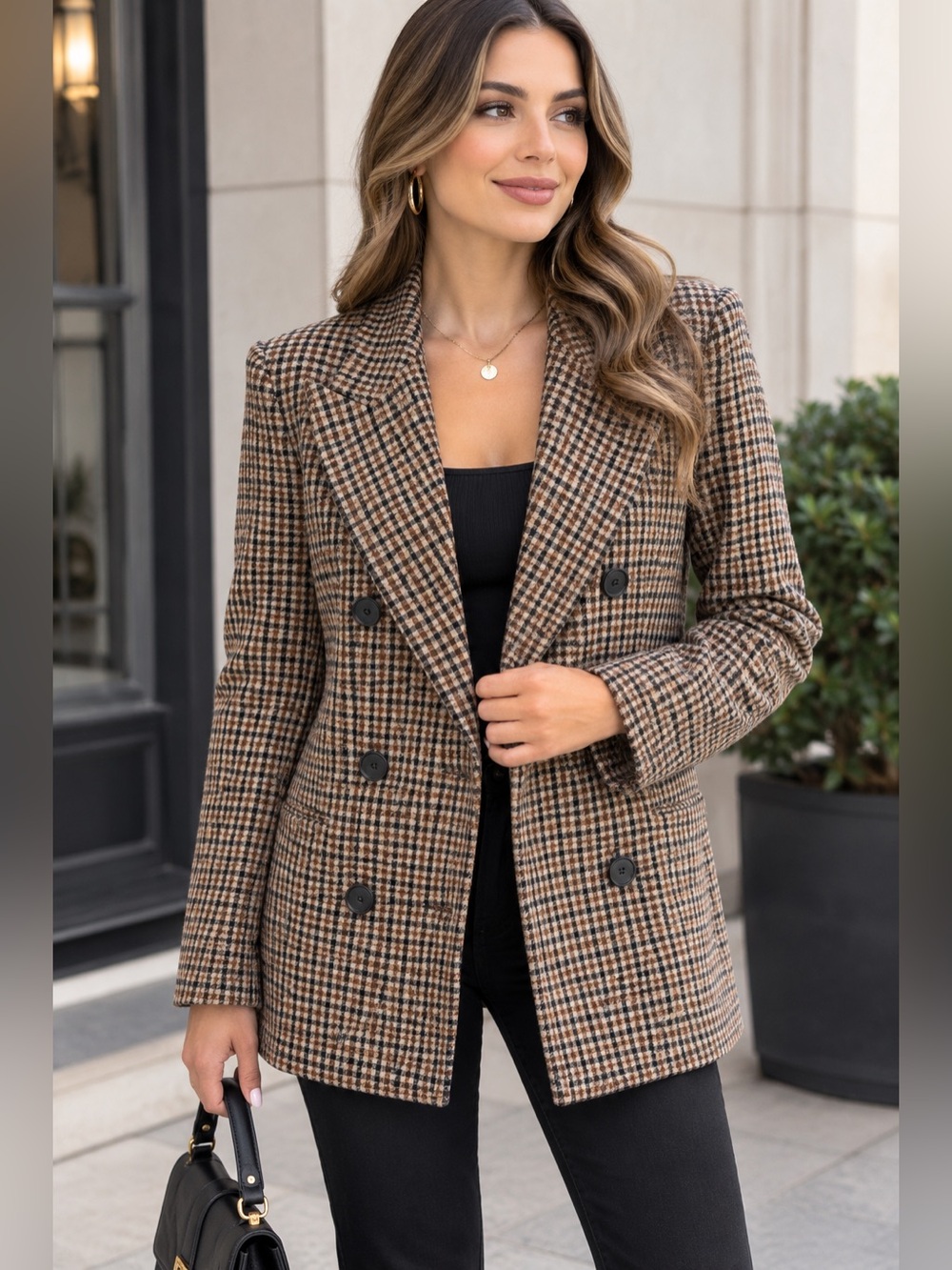 Astr Double-Breasted Houndstooth Blazer Jacket - Brown & Black